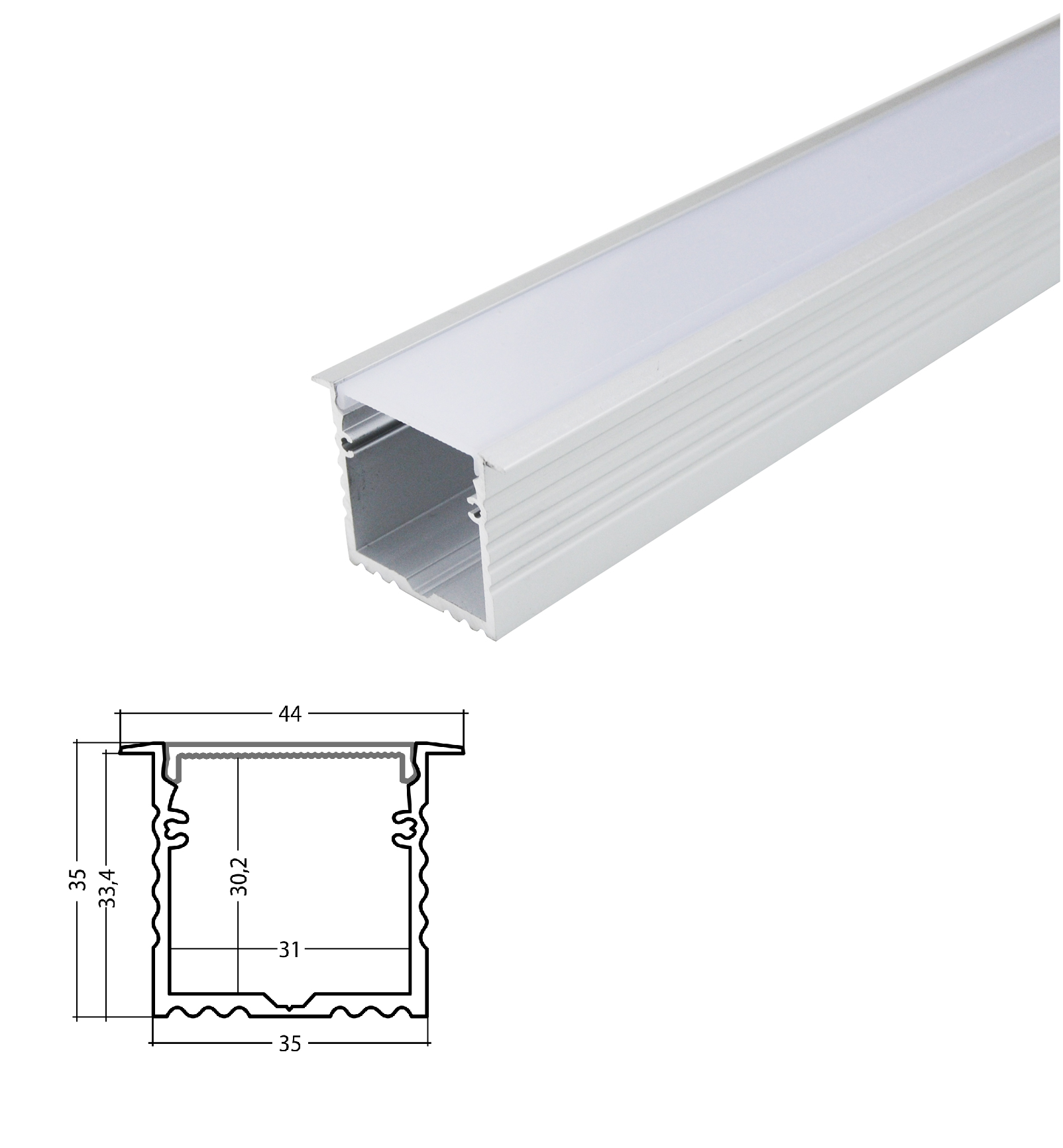LED aluminum high power T-profile 35mm silver with cover 2m