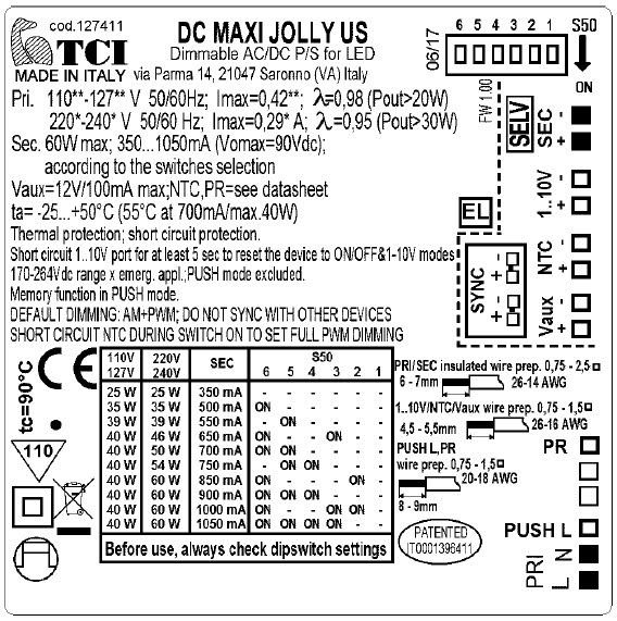 Produktlabel TCI 60W 1-10V LED Betriebsgerät