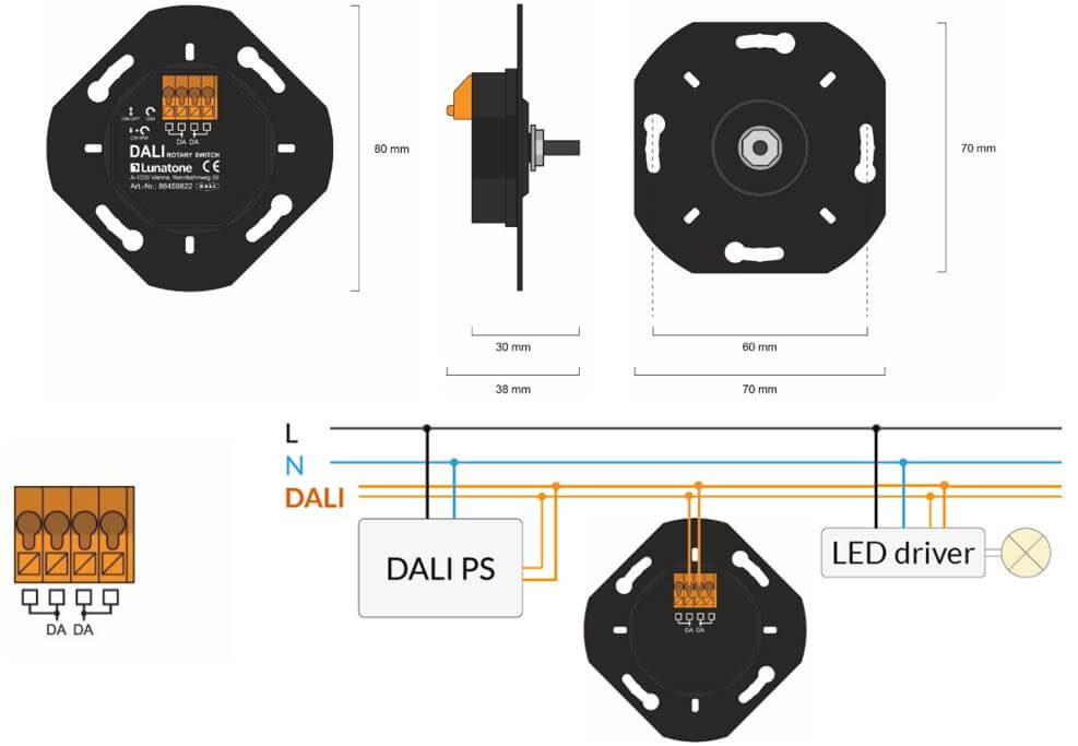 Abmessungen, Anschlussplan und Beispielinstallation des Drehschalters