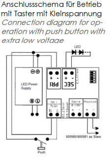 Anschlussschema für Betrieb mit Taster mit Kleinspannung LED-Dimmer 12-48V up to 576 W with push button, DALI