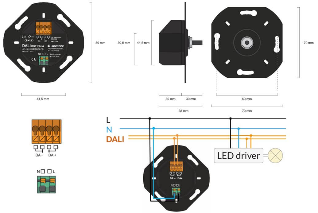 Abmessungen, Anschlussplan und Beispielinstallation des Drehschalters mit Busversorgung