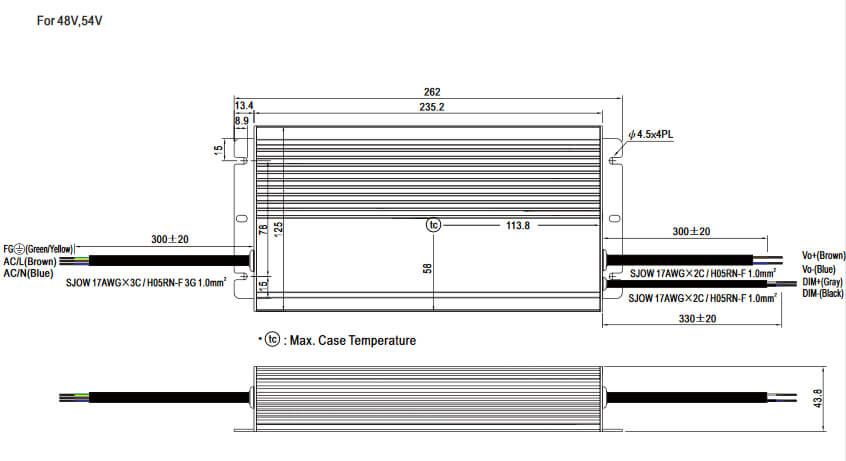 HLG-480 Abmessungen und Anschlüsse 48,54V TypA