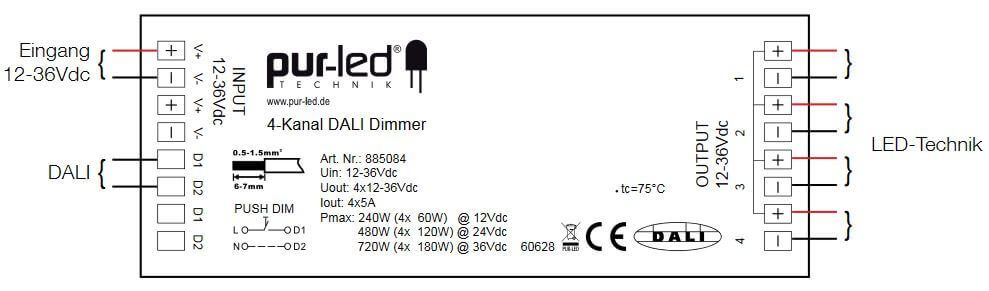 Anschlussbeispiel des 4 Kanal PWM Dimmers mit DALI