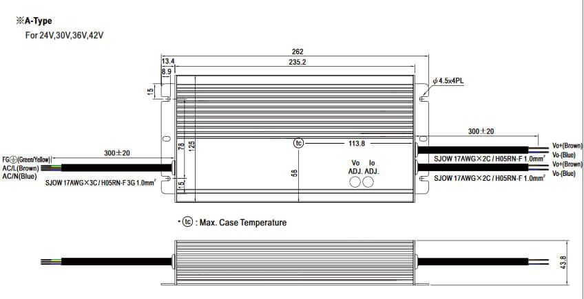 HLG-480 Abmessungen und Anschlüsse 48,54V TypA