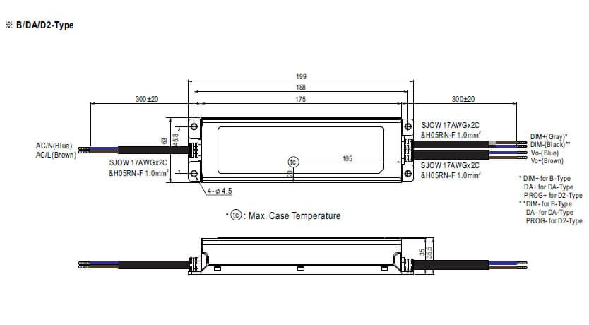 Mean Well ELG-100 Schaktung, Abmessungen Typ B/DA/D2 Mean Well ELG-100 Schaktung, Abmessungen Typ B/DA/D2