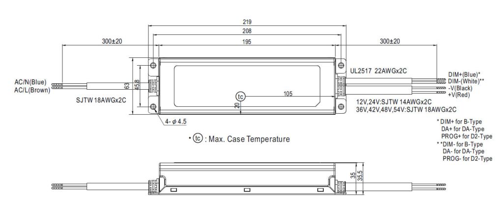 ELG 150 Mean Well Abmessungen und Anschlüsse