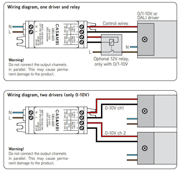 Casambi A2D steuert EVG via 1-10V und Schaltrelais