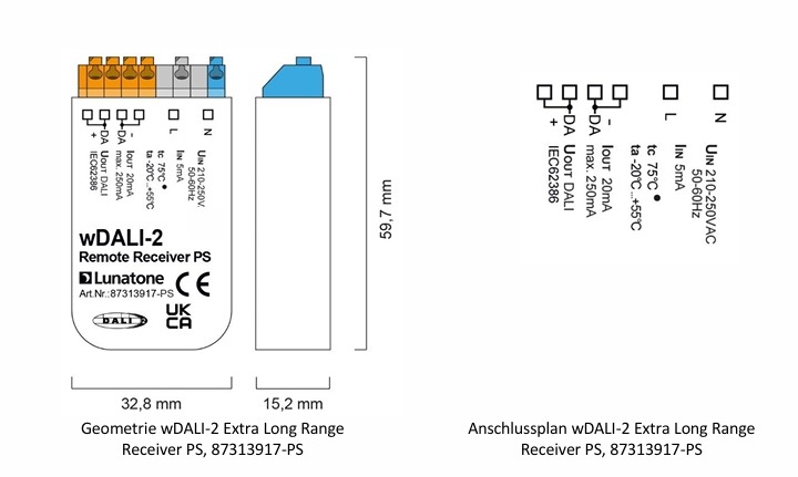 Abmessungen Receiver PS 87313917-PS.jpeg wDALI-2 Receiver PS mit integrierter 20mA Busversorgung für DALI
