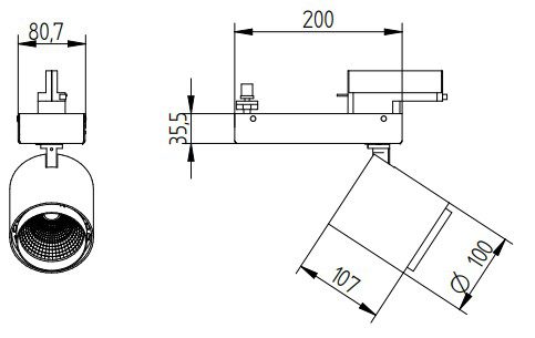 Kiteo K-FORUM II PI-LED Stromschienenstrahler – technische Abmessungen Kiteo K-FORUM II PI-LED Stromschienenstrahler – technische Abmessungen