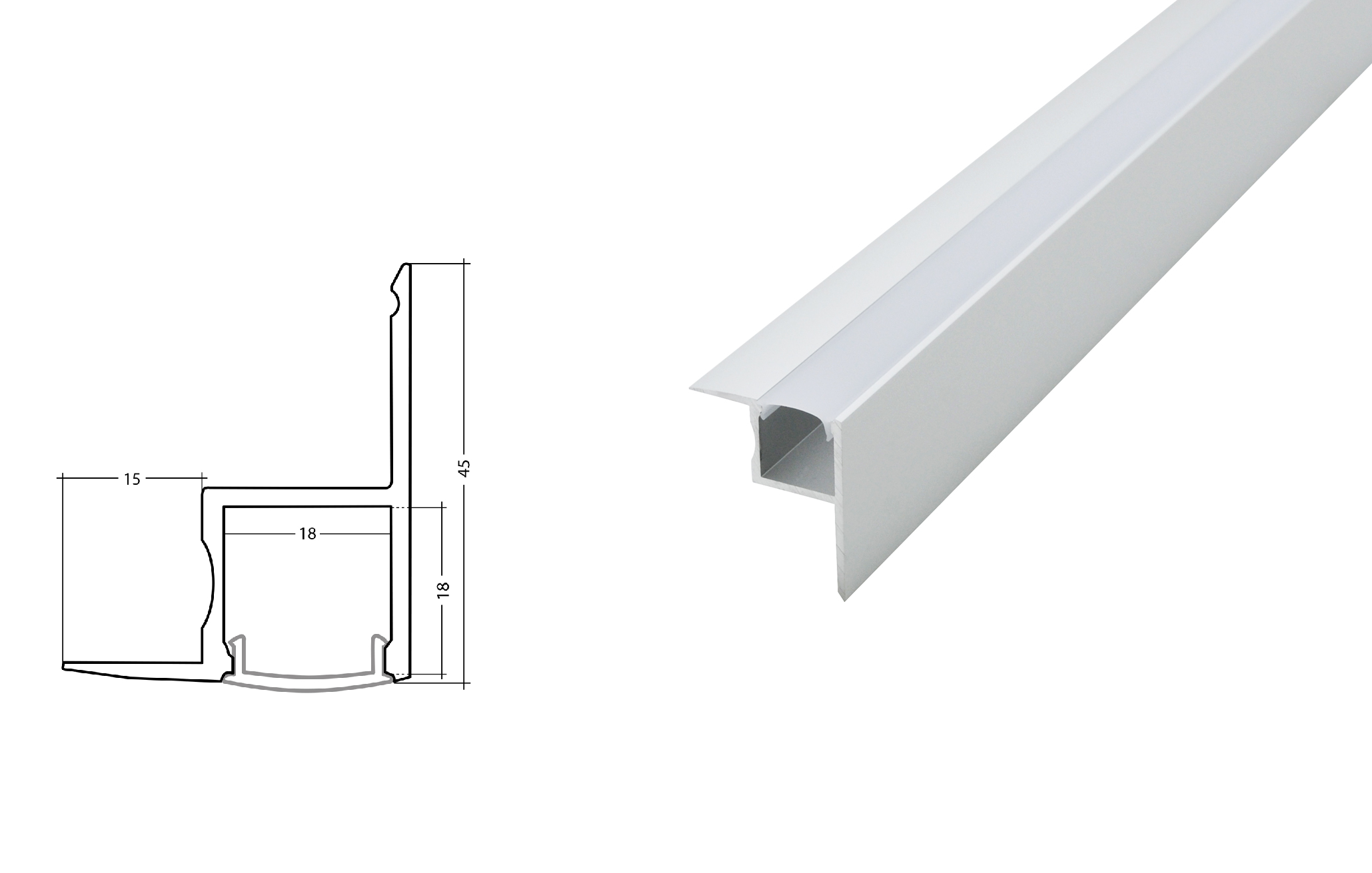 LED Profile for ceiling installations, silver with cover, 1 - 2 m