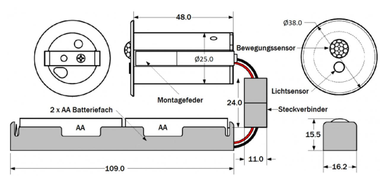 Casambi_SensorLichtBewegung_6_AbmessungenMontage_Batterie Abmessungen und Montagehinweise des Lichtsensors mit 3V Batterie, geeignet für Evolution-Netzwerke