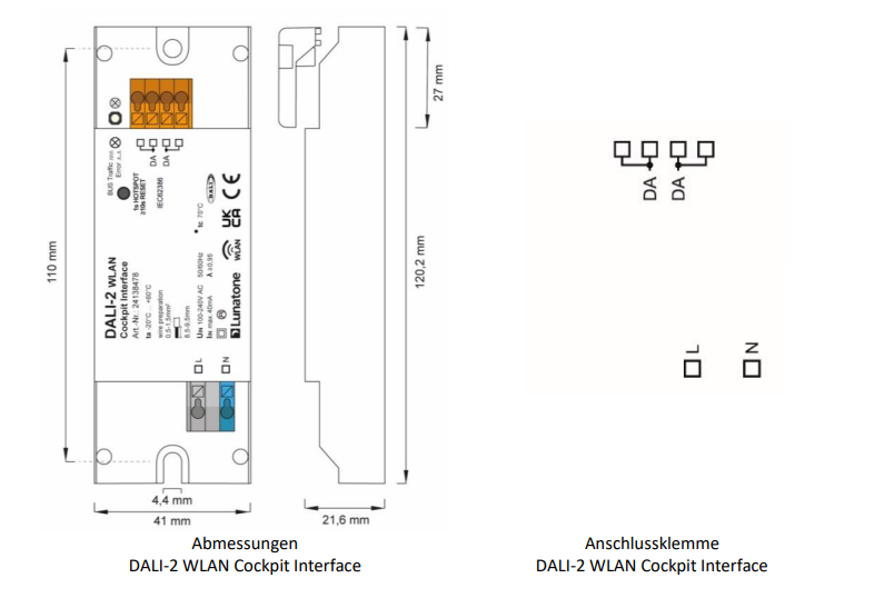 Abmessungen DALI-2 WLAN Cockpit Interface Abmessungen DALI-2 WLAN Cockpit Interface