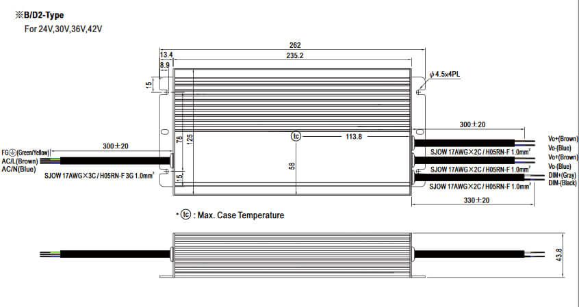 HLG-480 Abmessungen und Anschlüsse 48,54V TypA HLG-480 Abmessungen und Anschlüsse 48,54V TypA