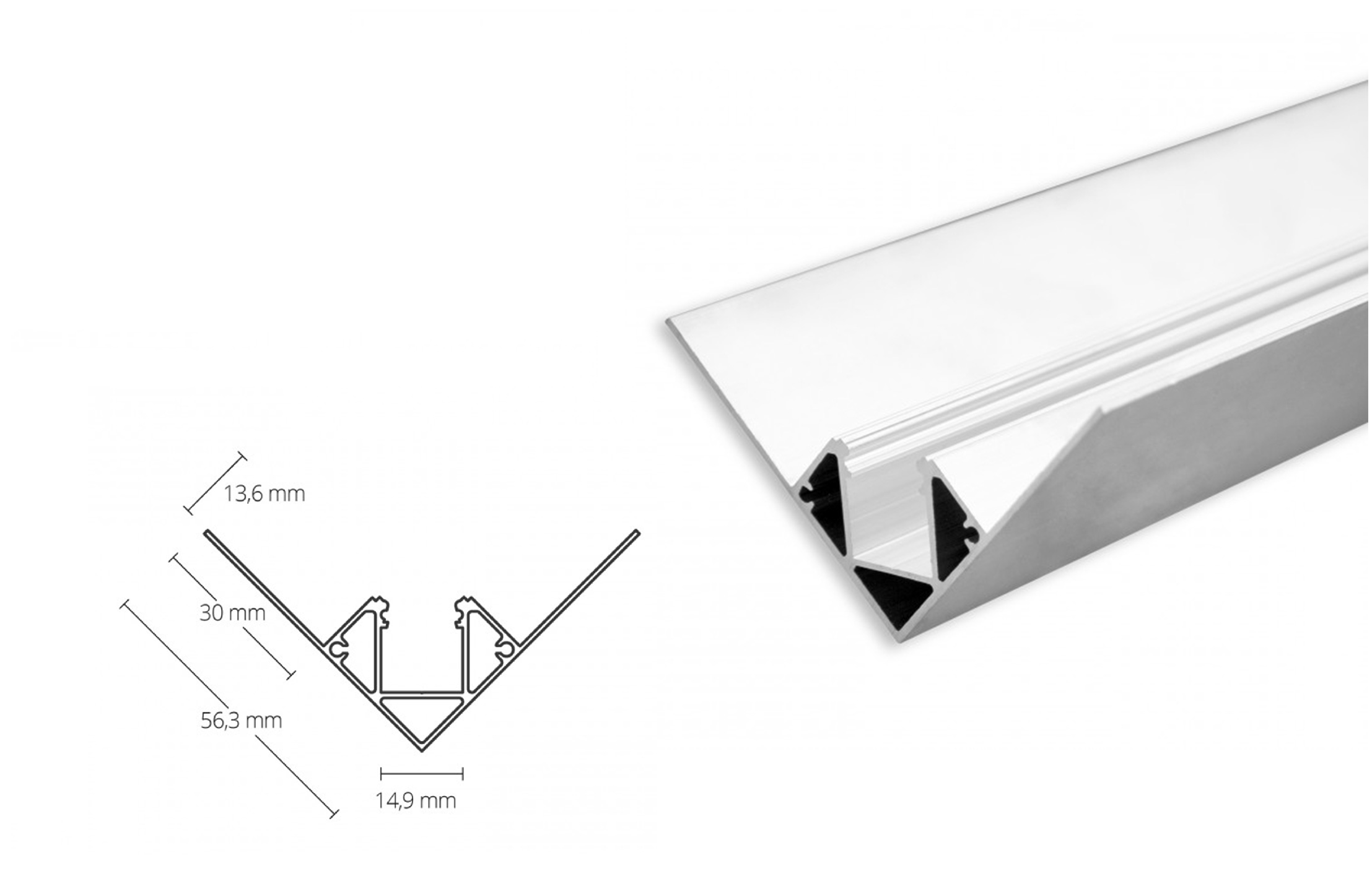 ALU-945960 LED aluminum drywall profile AL-PU44 silver inside corner 2m
